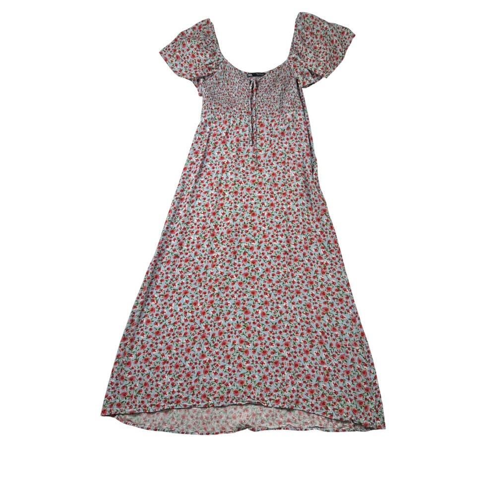 Zara Womens Floral Smocked Midi Dress Blue Red Flutter Sleeve Medium - Picture 2 of 9